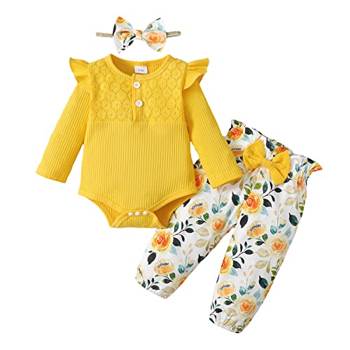 Baby Mädchen Kleidung Rüschen Langarm Gerippter Strampler Jumpsuit Blumenhose Stirnband Set 3-teilig von Refein