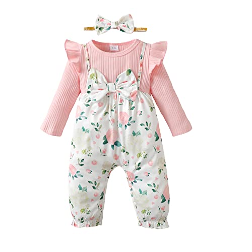 Baby Strampler Neugeborene Mädchen Kleidung Rüschen Langarm Onesie Floral Bowknot Jumpsuit Bodysuit Stirnband Outfit Set von Refein