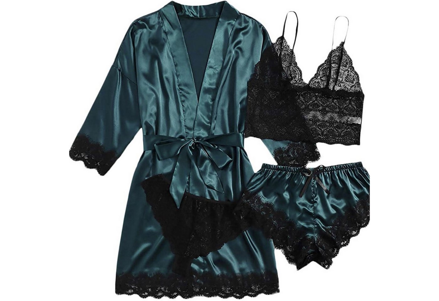 Refttenw Pyjama Damen Pyjama Sexy Satin Spitzen Schlafanzug Set mit Bademantel 4 teiliges Set, mit schönen Spitzendetails Refttenw Pyjama Damen Pyjama Sexy Satin Spitzen Schlafanzug Set mit Bademantel 4 teiliges Set, mit schönen Spitzendetails von Refttenw