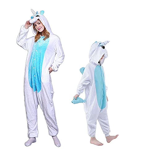 Regenboghorn Einhorn Kostüm Pyjama Pegasus Onesie Overall für Männer, Frauen, Kinder Halloween Party Onsie Overall Nachthemd Nachtwäsche Blau Einhorn L von Regenboghorn