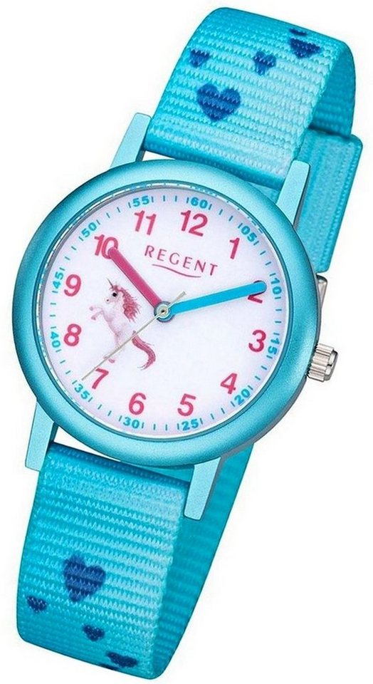 Regent Quarzuhr Regent Textil Kinder Uhr F-1208 Analog, (Analoguhr), Kinderuhr Textilarmband blau, rundes Gehäuse, klein (ca. 29mm) von Regent