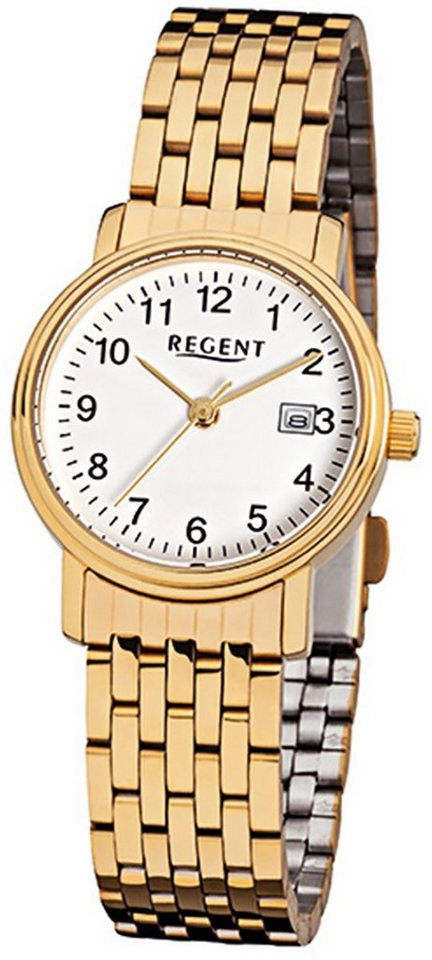 Regent Quarzuhr Regent Damen-Armbanduhr gold Analog F-717, (Analoguhr), Damen Armbanduhr rund, klein (ca. 27mm), Edelstahl, ionenplattiert von Regent