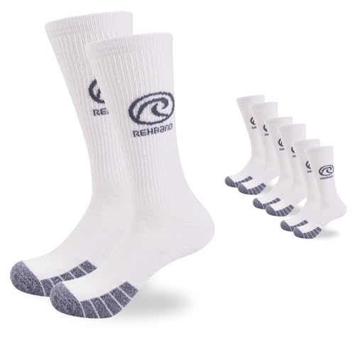 Rehband Crew Tennis-Socken Unisex, Handball Sportsocken mit Blasenschutz & Anti-Loch-Garantie, atmungsaktiv & bequem für Alltag, Fitness & Training, Color:White/Grey - 3 Pairs, Size:L Rehband Crew Tennis-Socken Unisex, Handball Sportsocken mit Blasenschutz & Anti-Loch-Garantie, atmungsaktiv & bequem für Alltag, Fitness & Training, Color:White/Grey - 3 Pairs, Size:L von Rehband