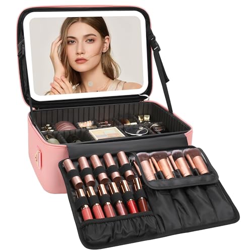Relavel Make-up-Tasche mit beleuchtetem Spiegel, Make-up-Koffer, Reise-Kosmetiktasche, Pinsel-Organizer, Aufbewahrungsbox, wiederaufladbarer Kosmetikspiegel mit 3 farbigen Lichtern, hoher Relavel Make-up-Tasche mit beleuchtetem Spiegel, Make-up-Koffer, Reise-Kosmetiktasche, Pinsel-Organizer, Aufbewahrungsbox, wiederaufladbarer Kosmetikspiegel mit 3 farbigen Lichtern, hoher von Relavel