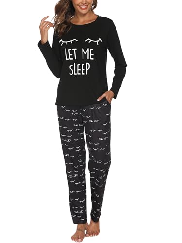 Reliwel Damen Schlafanzug Lang Pyjama Set Baumwolle Soft Zweiteiliger Nachtwäsche Drucken Rundhals Langarm Oberteil und Hose mit Elastischer Bund Taschen Loungewear Hausanzug Sleepwear von Reliwel