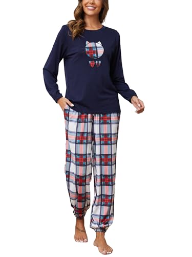 Reliwel Damen Schlafanzug Lang Pyjama Set Baumwolle Soft Zweiteiliger Nachtwäsche Drucken Rundhals Langarm Oberteil und Hose mit Elastischer Bund Taschen Loungewear Hausanzug Sleepwear von Reliwel