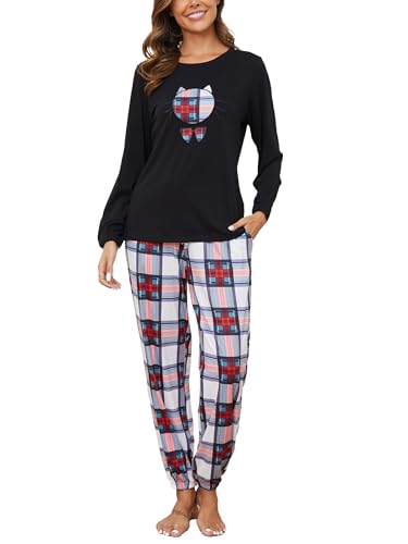 Reliwel Damen Schlafanzug Lang Pyjama Set Baumwolle Soft Zweiteiliger Nachtwäsche Drucken Rundhals Langarm Oberteil und Hose mit Elastischer Bund Taschen Loungewear Hausanzug Sleepwear von Reliwel