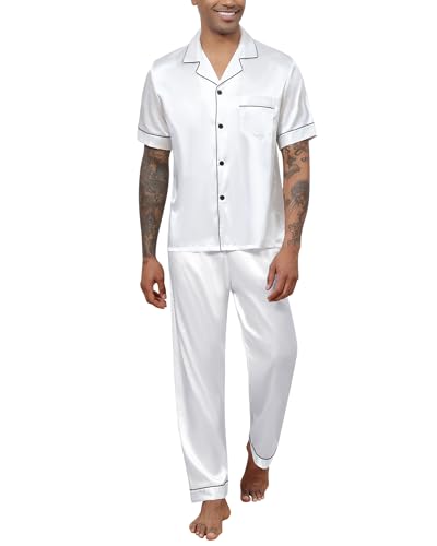 Reliwel Herren Schlafanzug Satin Pyjama Herren Kurz Oberteil mit Knopfleiste und Lang Hose Zweiteiliger Nachtwäsche Männer Hausanzug Sleepwear Loungewear von Reliwel