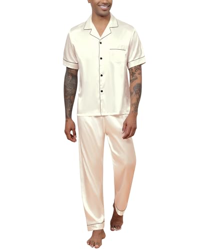 Reliwel Herren Schlafanzug Satin Pyjama Herren Kurz Oberteil mit Knopfleiste und Lang Hose Zweiteiliger Nachtwäsche Männer Hausanzug Sleepwear Loungewear von Reliwel