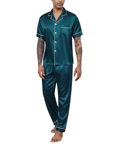 Reliwel Herren Schlafanzug Satin Pyjama Herren Kurz Oberteil mit Knopfleiste und Lang Hose Zweiteiliger Nachtwäsche Männer Hausanzug Sleepwear Loungewear von Reliwel