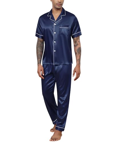 Reliwel Herren Schlafanzug Satin Pyjama Herren Kurz Oberteil mit Knopfleiste und Lang Hose Zweiteiliger Nachtwäsche Männer Hausanzug Sleepwear Loungewear von Reliwel