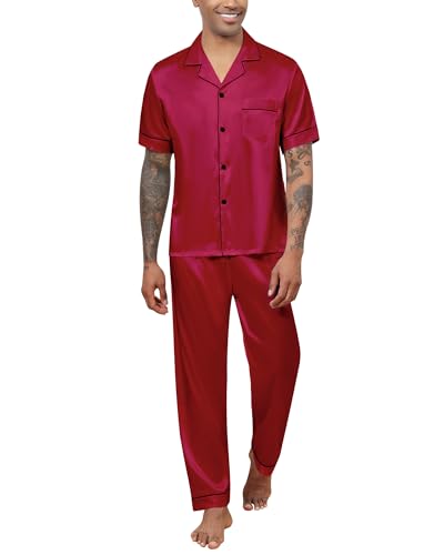 Reliwel Herren Schlafanzug Satin Pyjama Herren Kurz Oberteil mit Knopfleiste und Lang Hose Zweiteiliger Nachtwäsche Männer Hausanzug Sleepwear Loungewear von Reliwel