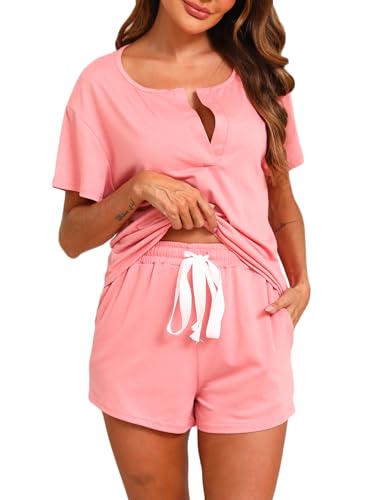 Reliwel Pyjama Damen Kurz Baumwolle V Ausschnitt Schlafanzug Damen Zweiteiliger Kurzarm Nachtwäsche Sommer Hausanzug für Frauen Pyjama Set Shirt & Shorts von Reliwel