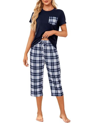 Reliwel Schlafanzug Damen Baumwolle Pyjama Set Nachtwäsche Kurzarm T Shirt und 3/4 Lange Karierte Hose Zweiteiliger mit Taschen Hausanzug Sleepwear für Frühling Sommer Herbst von Reliwel