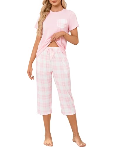 Schlafanzug Damen Baumwolle Pyjama Set Nachtwäsche Kurzarm T Shirt und 3/4 Lange Karierte Hose Zweiteiliger mit Taschen Hausanzug Sleepwear für Frühling Sommer Herbst von Reliwel