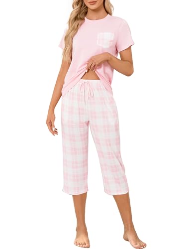 Reliwel Schlafanzug Damen Baumwolle Pyjama Set Nachtwäsche Kurzarm T Shirt und 3/4 Lange Karierte Hose Zweiteiliger mit Taschen Hausanzug Sleepwear für Frühling Sommer Herbst von Reliwel