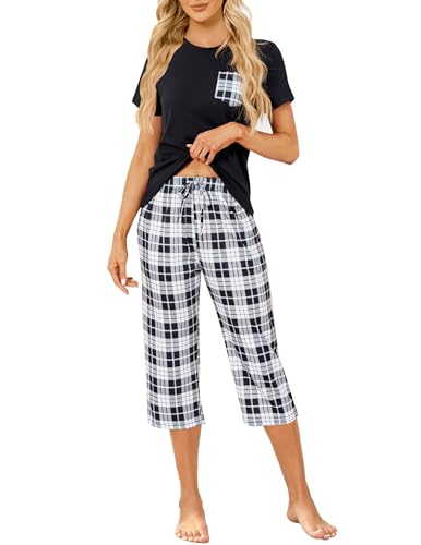 Reliwel Schlafanzug Damen Baumwolle Pyjama Set Nachtwäsche Kurzarm T Shirt und 3/4 Lange Karierte Hose Zweiteiliger mit Taschen Hausanzug Sleepwear für Frühling Sommer Herbst von Reliwel