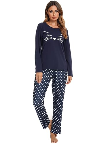 Reliwel Schlafanzug Damen Baumwolle Zweiteiliger Pyjama Set Lang Rundhals Oberteil und Schlafanzughose Süßer Katzendruck Sleepewear Loungewear Hausanzug Freizeitanzug von Reliwel