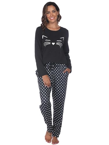 Reliwel Schlafanzug Damen Baumwolle Zweiteiliger Pyjama Set Lang Rundhals Oberteil und Schlafanzughose Süßer Katzendruck Sleepewear Loungewear Hausanzug Freizeitanzug von Reliwel