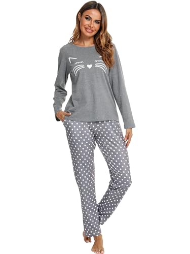 Reliwel Schlafanzug Damen Baumwolle Zweiteiliger Pyjama Set Lang Rundhals Oberteil und Schlafanzughose Süßer Katzendruck Sleepewear Loungewear Hausanzug Freizeitanzug von Reliwel