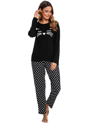 Reliwel Schlafanzug Damen Baumwolle Zweiteiliger Pyjama Set Lang Rundhals Oberteil und Schlafanzughose Süßer Katzendruck Sleepewear Loungewear Hausanzug Freizeitanzug von Reliwel