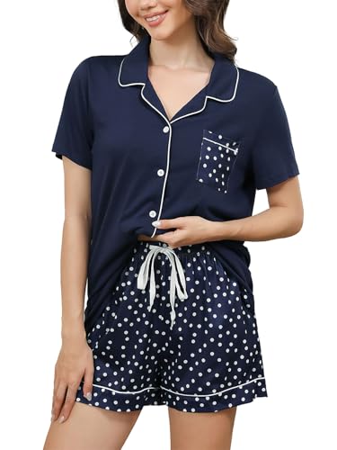 Reliwel Schlafanzug Damen Kurz Pyjama Baumwolle mit Knöpfen und Taschen Sommer Schlafanzüge für Damen Zweiteiliger Lounge Set Nachtwäsche Shorty Sleepwear Reliwel Schlafanzug Damen Kurz Pyjama Baumwolle mit Knöpfen und Taschen Sommer Schlafanzüge für Damen Zweiteiliger Lounge Set Nachtwäsche Shorty Sleepwear von Reliwel