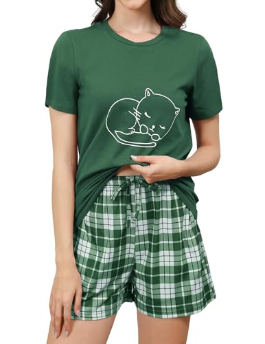 Reliwel Schlafanzug Damen Kurz Baumwolle Shorty Pyjama Damen KatzendruckT Shirt mit Karierten Shorts Sleepwear Hausanzug Loungewear A#Grün, M Reliwel Schlafanzug Damen Kurz Baumwolle Shorty Pyjama Damen KatzendruckT Shirt mit Karierten Shorts Sleepwear Hausanzug Loungewear A#Grün, M von Reliwel