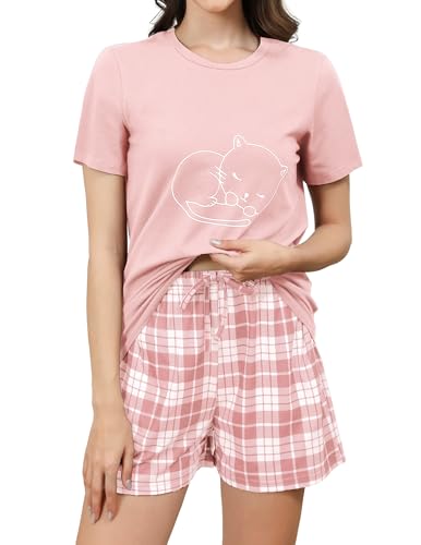 Reliwel Schlafanzug Damen Kurz Baumwolle Shorty Pyjama Damen KatzendruckT Shirt mit Karierten Shorts Sleepwear Hausanzug Loungewear A#Rosa, L Reliwel Schlafanzug Damen Kurz Baumwolle Shorty Pyjama Damen KatzendruckT Shirt mit Karierten Shorts Sleepwear Hausanzug Loungewear A#Rosa, L von Reliwel
