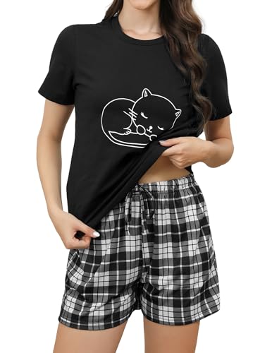 Reliwel Schlafanzug Damen Kurz Baumwolle Shorty Pyjama Damen KatzendruckT Shirt mit Karierten Shorts Sleepwear Hausanzug Loungewear A#Schwarz, S Reliwel Schlafanzug Damen Kurz Baumwolle Shorty Pyjama Damen KatzendruckT Shirt mit Karierten Shorts Sleepwear Hausanzug Loungewear A#Schwarz, S von Reliwel