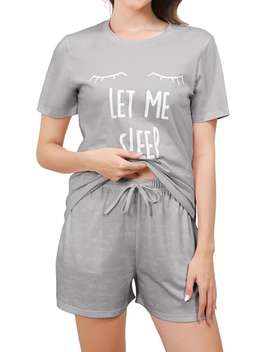 Reliwel Pyjama Damen Kurz Sommer Shorty Pyjama Set aus Baumwolle Zweiteilig mit Wimperndruck Zweiteiliger Rundhals Shirt und Shorts Nachtwäsche Loungewear B#Grau, L Reliwel Pyjama Damen Kurz Sommer Shorty Pyjama Set aus Baumwolle Zweiteilig mit Wimperndruck Zweiteiliger Rundhals Shirt und Shorts Nachtwäsche Loungewear B#Grau, L von Reliwel
