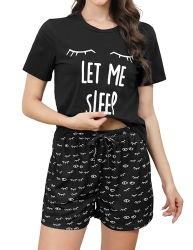 Reliwel Pyjama Damen Kurz Sommer Shorty Pyjama Set aus Baumwolle Zweiteilig mit Wimperndruck Zweiteiliger Rundhals Shirt und Shorts Nachtwäsche Loungewear B#Schwarz, XL Reliwel Pyjama Damen Kurz Sommer Shorty Pyjama Set aus Baumwolle Zweiteilig mit Wimperndruck Zweiteiliger Rundhals Shirt und Shorts Nachtwäsche Loungewear B#Schwarz, XL von Reliwel