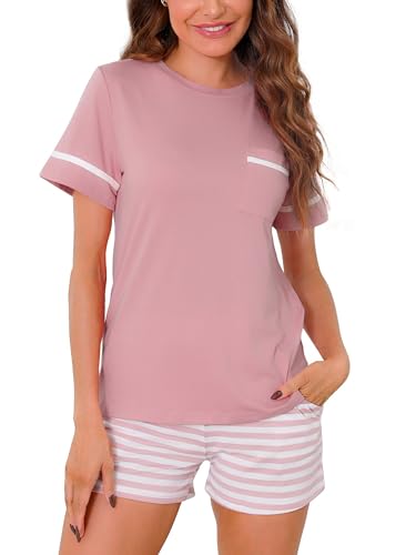 Reliwel Schlafanzug Damen Kurz Pyjama Set Baumwolle Zweiteiliger Nachtwäsche Sommer Sleepwear Hausanzug Frauen Loungewear Sets Kurzarm und Shorts mit Kordelzug & Seitentasche von Reliwel