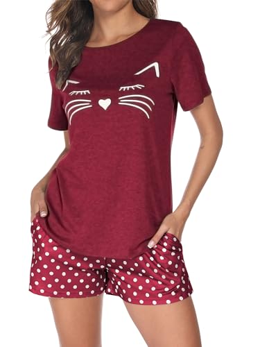 Reliwel Schlafanzug Damen Kurz Pyjama Set Baumwolle Zweiteiliger Nachtwäsche Sommer Sleepwear Hausanzug Frauen Loungewear Sets Kurzarm und Shorts mit Kordelzug & Seitentasche von Reliwel