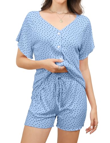 Reliwel Schlafanzug Damen Kurz Rippen Pyjama Damen Baumwolle Sommer Shorty Nachtwäsche mit Knopfleiste Kurzarm V-Ausschnitt Zweiteiliger T Shirt Und Shorts mit Blumendruck Hausanzug Reliwel Schlafanzug Damen Kurz Rippen Pyjama Damen Baumwolle Sommer Shorty Nachtwäsche mit Knopfleiste Kurzarm V-Ausschnitt Zweiteiliger T Shirt Und Shorts mit Blumendruck Hausanzug von Reliwel