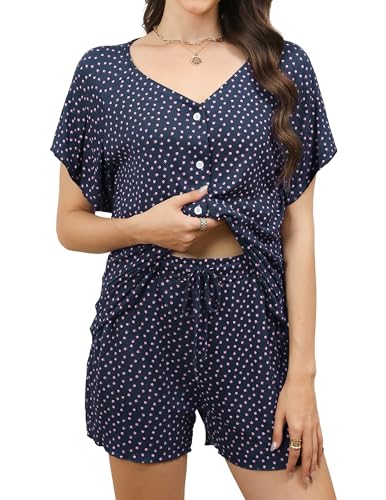 Reliwel Schlafanzug Damen Kurz Rippen Pyjama Damen Baumwolle Sommer Shorty Nachtwäsche mit Knopfleiste Kurzarm V-Ausschnitt Zweiteiliger T Shirt Und Shorts mit Blumendruck Hausanzug Reliwel Schlafanzug Damen Kurz Rippen Pyjama Damen Baumwolle Sommer Shorty Nachtwäsche mit Knopfleiste Kurzarm V-Ausschnitt Zweiteiliger T Shirt Und Shorts mit Blumendruck Hausanzug von Reliwel