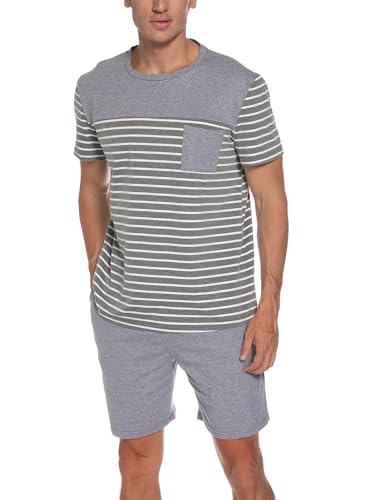 Reliwel Schlafanzug Herren Kurz Zweiteiliger Baumwolle Pyjama Set Sommer Shorty Nachtwäsche Rundhals T-Shirt und Schlafanzughose mit Tasche Männer Weich Hausanzug Sleepwear von Reliwel