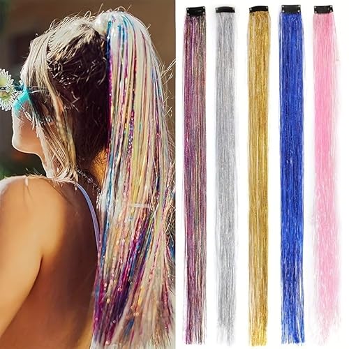 10 Stück/Set 60 cm/24 Zoll einteilige Clip-on-Haar-Lametta-Extensions holografische bunte Clip-in-Haarverlängerungen für Frauen (Blau) von Remanbo