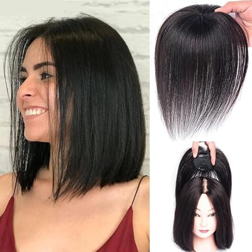 Hochtemperatur-Faser, glattes Haar, dreht sich mit luftigem, schrägem Pony, zwei Clips im Haaraufsatz, deckt graues Haar für Frauen ab (Hellbraun,6 Zoll) von Remanbo