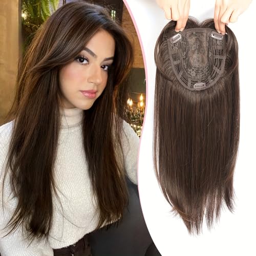 Langes glattes Haar für weißes Haar, synthetisch, für Damen, gewellt, 35,6 cm, einteilig, drei Clips, Mittelfransen (Hellbraun) von Remanbo