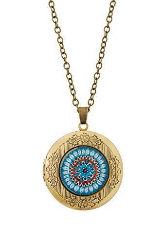 Remi Bijou - Statement Kette mit rundem Anhänger - Foto Medaillon - Kaleidoscope Mandala Buddha Yoga Geometrisch - blau (Bronze) von Remi Bijou