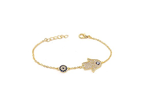 Remi Bijou Wunderschönes Armband Armkette Armkettchen - Fatimas Hand Fatma eli Buddha – Gold Farbe Strass – blaues Auge Nazar Boncuk Evil Eye von Remi Bijou