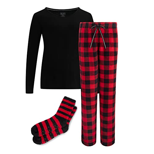 3-teiliges Pyjama-Geschenk-Set – Baumwolle Langarm Oberteil, Plüsch-Fleece-Hose und gemütliche Socken Geschenkset – Weihnachtspyjama für Frauen, rotem Karo, L von René Rofé