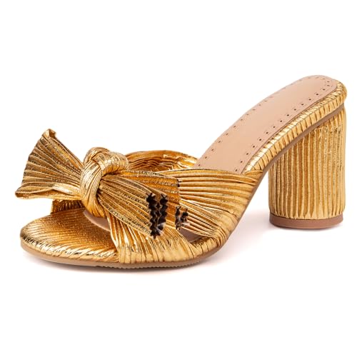 Renessmi Blockabsatz Bogen Mode Mules Ohne Verschluss Damen Pantoffeln Round Heel Offene Zeh Pleated Slingback Hausschuhe Pantoffeln Footwear Glitzer-Gold Gr 35 EU Renessmi Blockabsatz Bogen Mode Mules Ohne Verschluss Damen Pantoffeln Round Heel Offene Zeh Pleated Slingback Hausschuhe Pantoffeln Footwear Glitzer-Gold Gr 35 EU von Renessmi