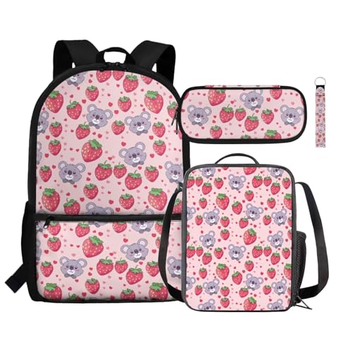 Renewold 4-teiliges Set für Jungen und Mädchen, Rucksack, Lunch-Tasche, Federmäppchen, Handgelenk, Schlüsselband, Schlüsselanhänger, Schulbedarf, Koala-Erdbeere, Einheitsgröße, Tagesrucksäcke von Renewold