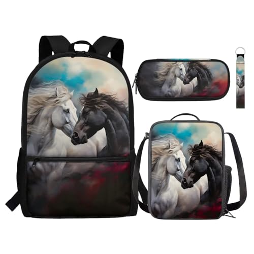 Renewold 4-teiliges Set für Jungen und Mädchen, Rucksack, Lunch-Tasche, Federmäppchen, Handgelenk, Schlüsselband, Schlüsselanhänger, Schulbedarf, Weißes schwarzes Pferd, Einheitsgröße, Tagesrucksäcke Renewold 4-teiliges Set für Jungen und Mädchen, Rucksack, Lunch-Tasche, Federmäppchen, Handgelenk, Schlüsselband, Schlüsselanhänger, Schulbedarf, Weißes schwarzes Pferd, Einheitsgröße, Tagesrucksäcke von Renewold