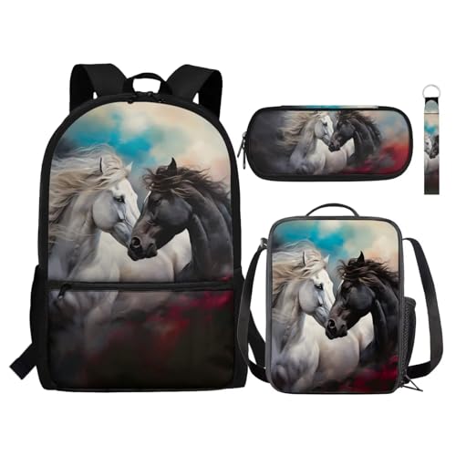 Renewold 4-teiliges Set für Jungen und Mädchen, Rucksack, Lunch-Tasche, Federmäppchen, Handgelenk, Schlüsselband, Schlüsselanhänger, Schulbedarf, Weißes schwarzes Pferd, Einheitsgröße, Tagesrucksäcke von Renewold