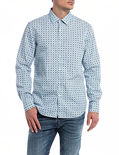 Replay Herren Hemd Langarm All Over Print, Navy/Light Blue Stripe 010 (Mehrfarbig), M von Replay