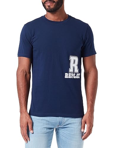 Replay Herren T-Shirt Kurzarm Rundhalsausschnitt mit Logo, Deep Navy 715 (Blau), XXL von Replay