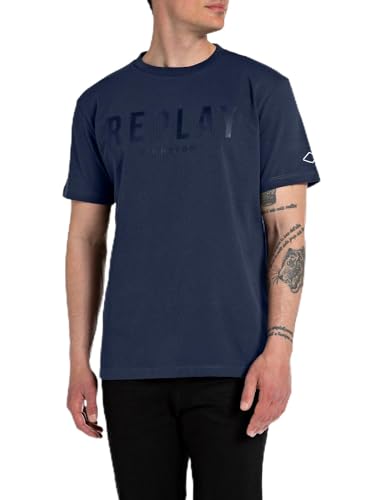 Replay Herren T-Shirt Kurzarm Rundhalsausschnitt mit Logo, Indigo Blue 271 (Blau), S von Replay