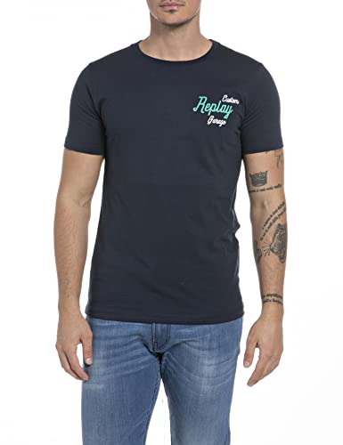 Replay Herren T-Shirt Kurzarm Schriftzug und Backprint, Blue 085 (Blau), S von Replay